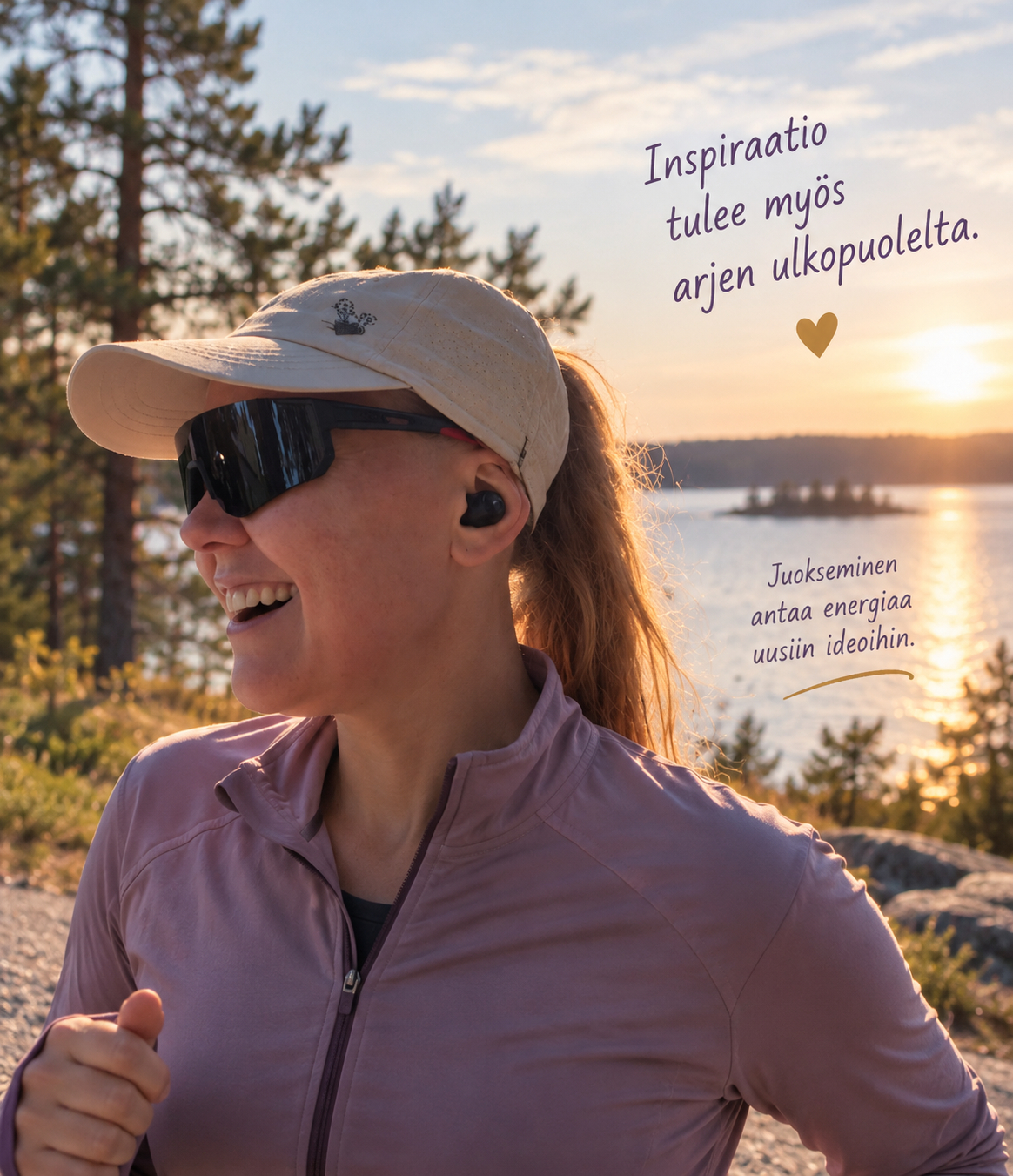 Piia juoksemassa järvimaisemassa. Inspiraatio tulee myös arjen ulkopuolelta. Juokseminen antaa energiaa uusiin ideoihin.