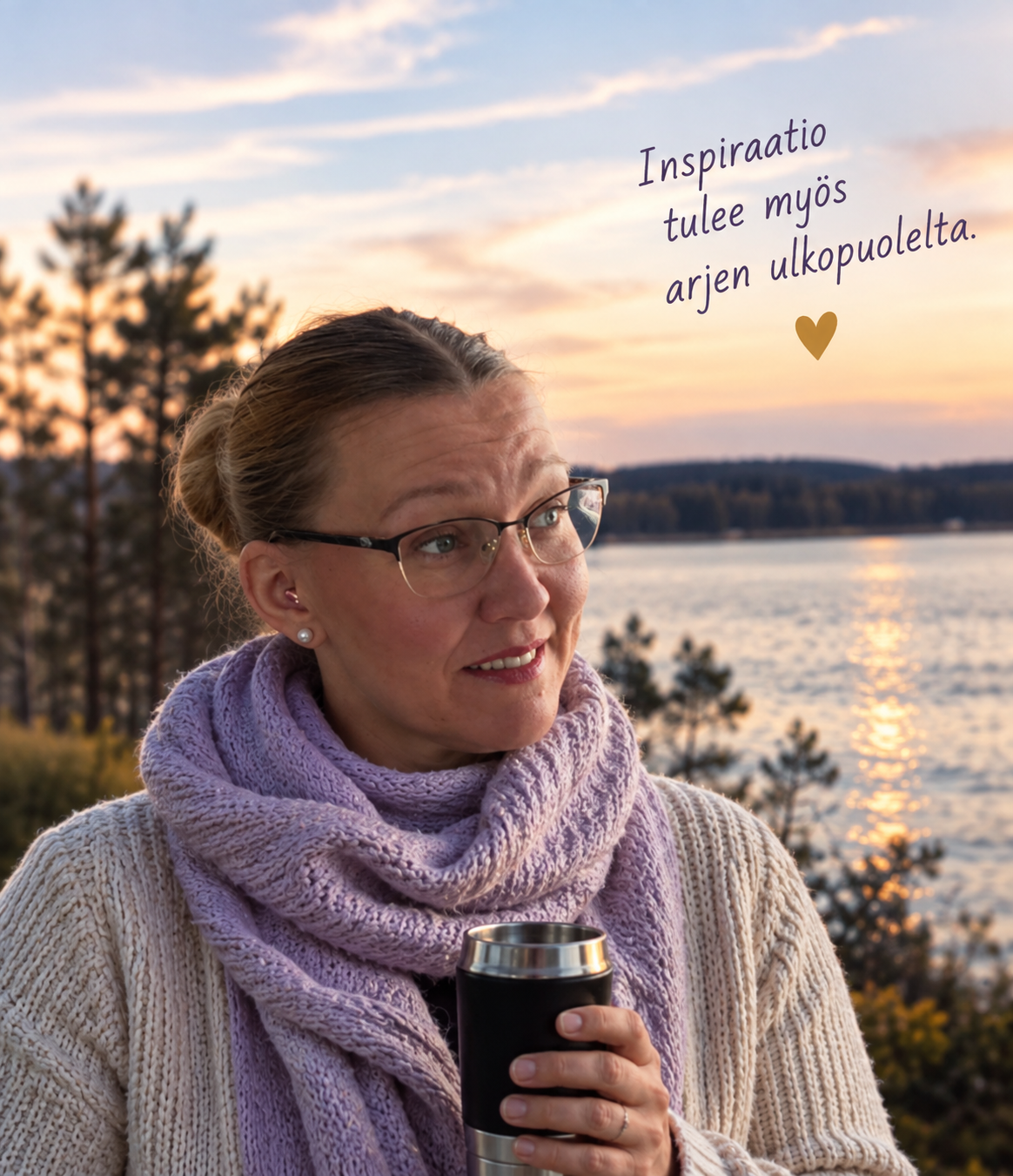 Piia järven rannalla kahvikuppi kädessään. Inspiraatio tulee myös arjen ulkopuolelta.