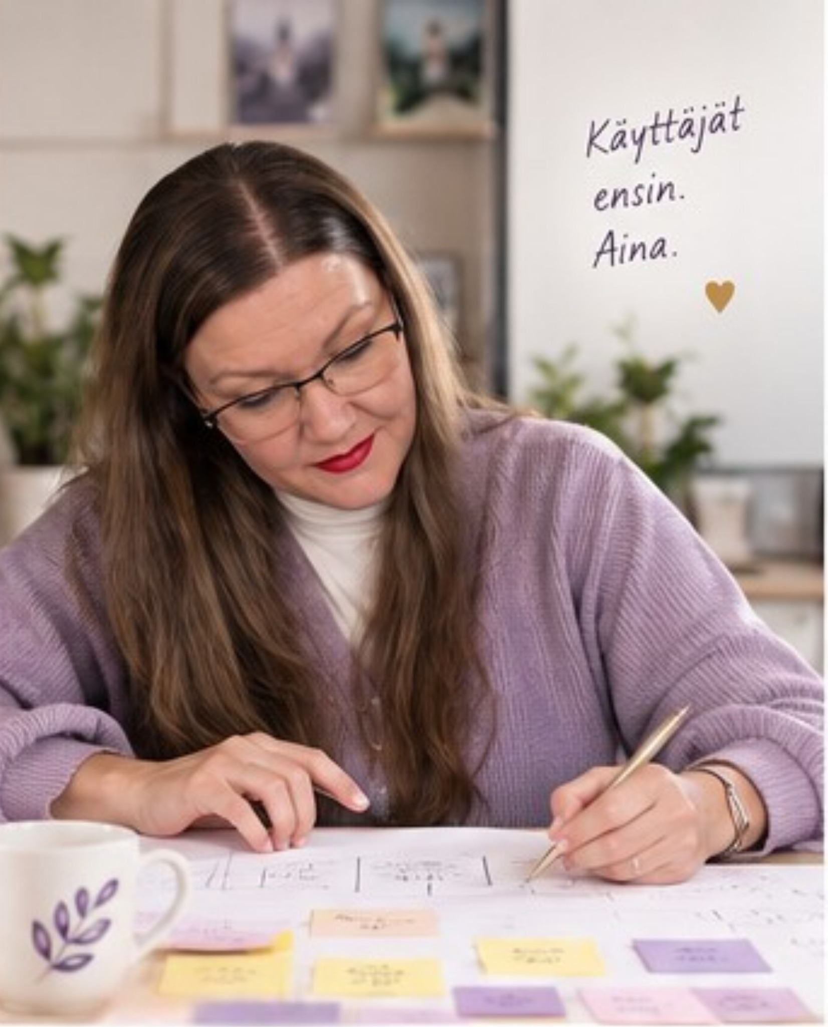 Piia suunnittelee luonnosten ja muistilappujen äärellä. Käyttäjät ensin. Aina.